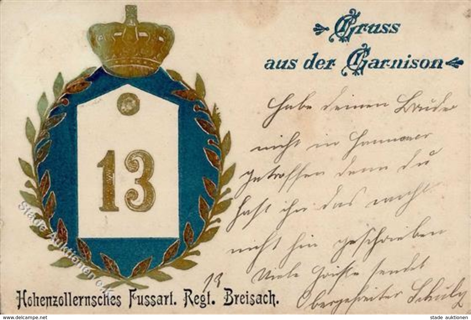 Regiment Breisach (7814) Nr. 13 Hohenzollernsches Fussart. Regt. Prägedruck 1902 II (Eckbug, Fleckig) - Regiments