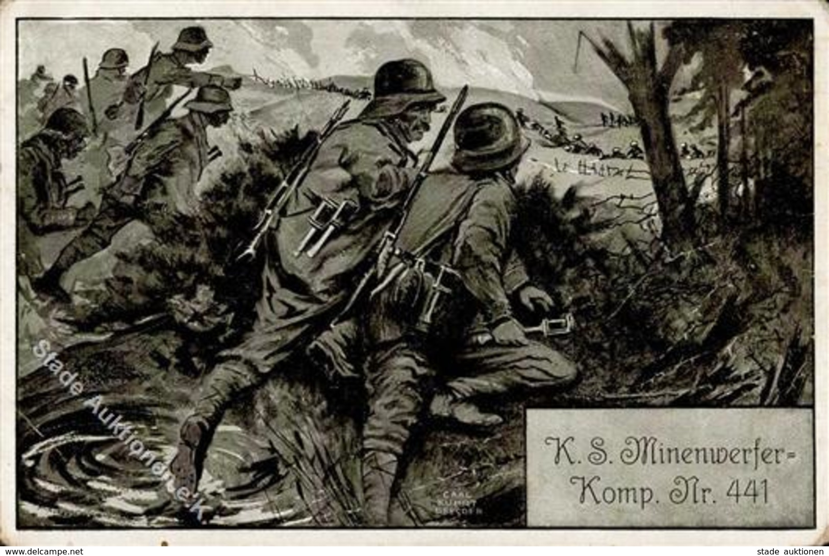 Regiment K.S. Minenwerfer-Komp. Nr. 441 Sign. Kuhrt, Carl Künstlerkarte 1918 I-II (Eckbug) - Regiments