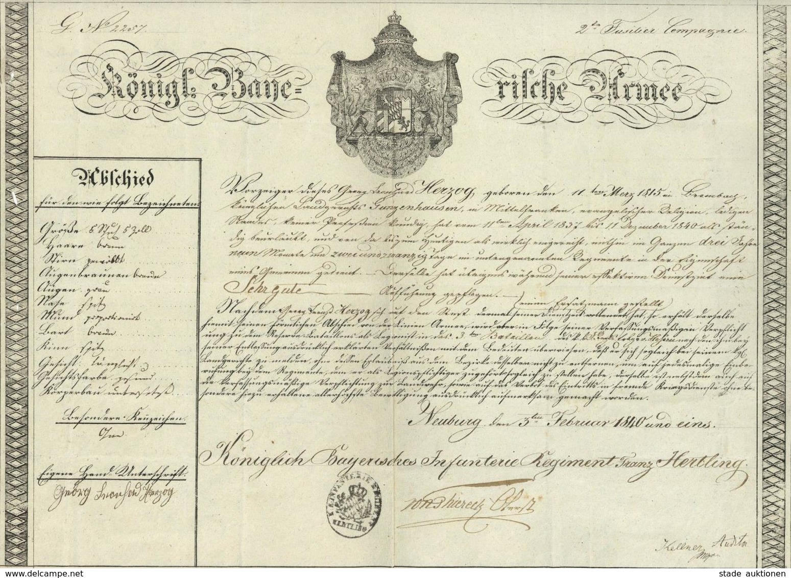 Regiment Königlich Bayerisches Inf. Regt. Franz Hertling Entlassungsurkunde 1840 II (kleiner Einriss, Fleckig) - Regiments