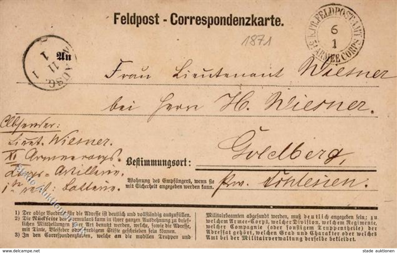 Feldpost K. PR. 54 Armeecorps Correspondenzkarte 1871 I-II - Weltkrieg 1914-18