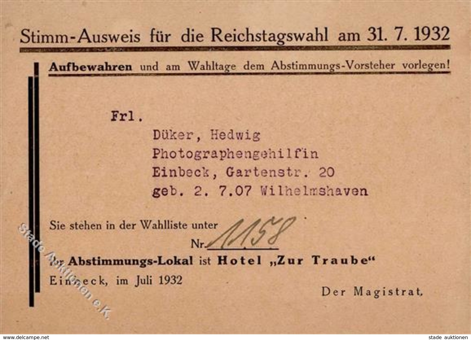 Weimarer Republik Einbeck (3352) Stimm Ausweis Für Die Reichstagswahl I-II - Histoire