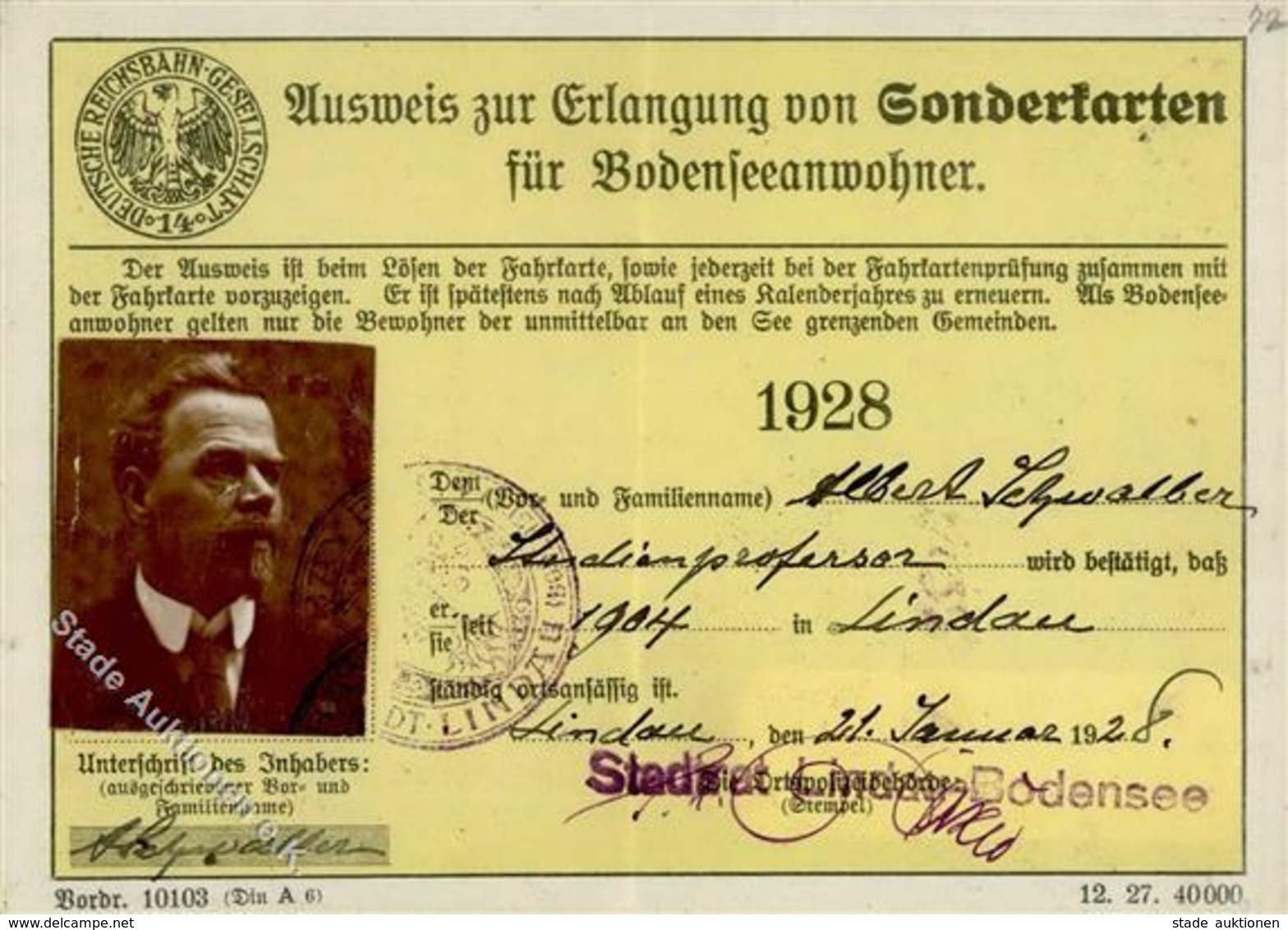 Weimarer Republik Lindau (8990) Ausweis Zur Erlangung Von Sonderkarten Für Bodenseeanwohner I-II - History