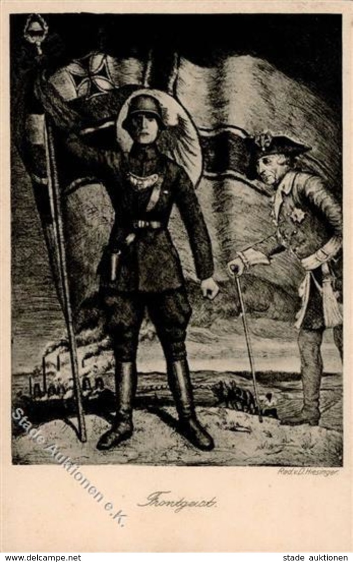 Weimarer Republik Stahlhelm Soldat Brustschild Der Alte Fritz Sign. Hiesinger, D. Künstlerkarte I-II - Geschichte