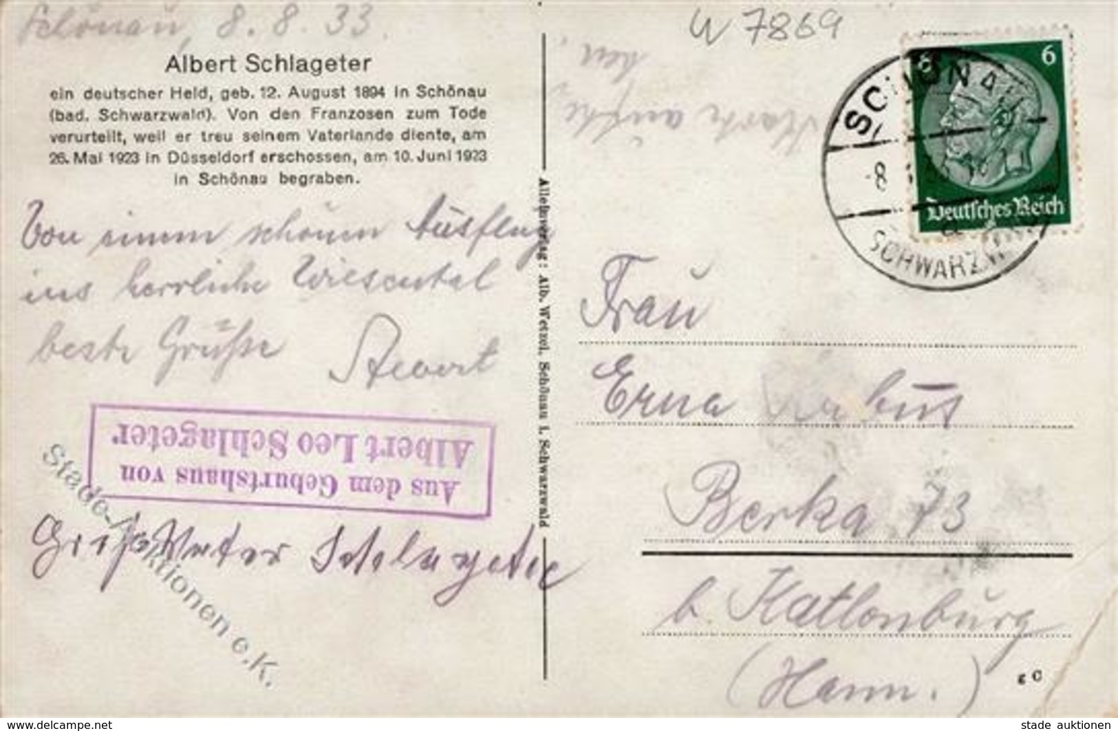 Zwischenkriegszeit Autograph (Groß) Vater Von Albert Schlageter I-II (Eckbug) - Geschichte