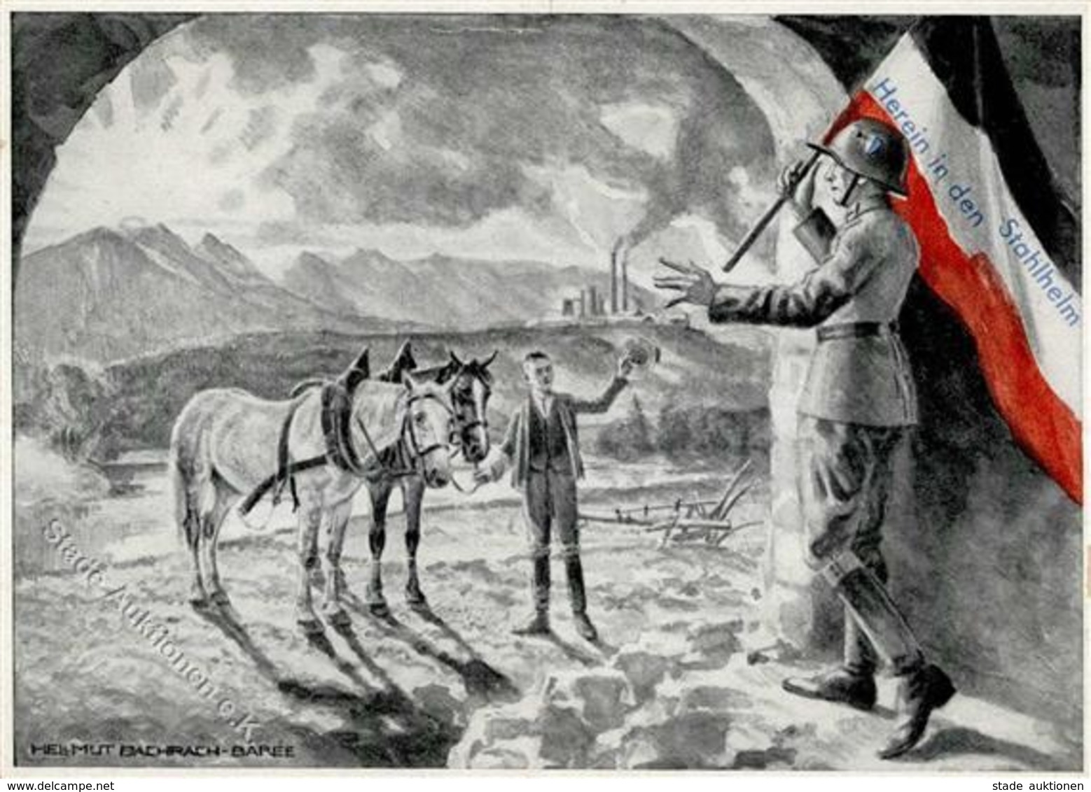 Zwischenkriegszeit Propaganda Stahlhelm Sign. Bachrach-Baree, Helmut Künstler-Karte I-II - Geschichte