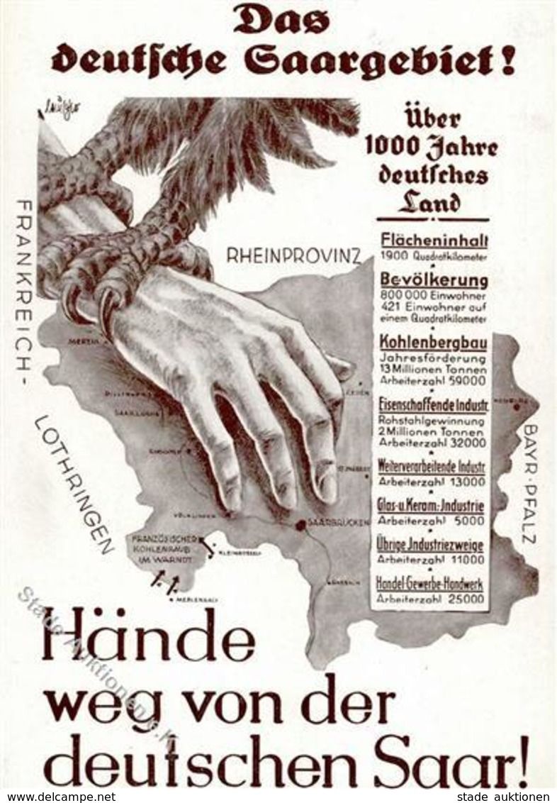 SAARBEFREIUNG 1935 WK II - Hände Weg Von Der Deutschen Saar! Bund Der Saarvereine Sign. Künstlerkarte I - Weltkrieg 1939-45