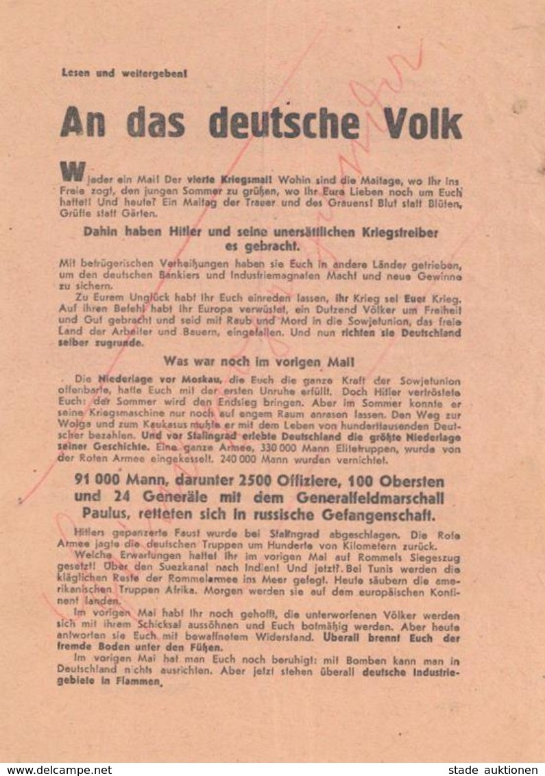 Anti Propaganda WK II Flugblatt Der Antifaschistischen Deutschen Schriftsteller I-II (fleckig) - Guerre 1939-45