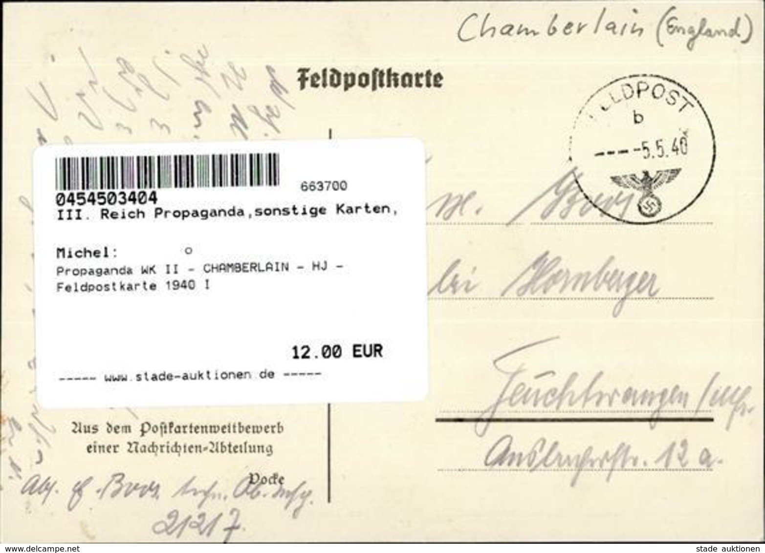 Propaganda WK II - CHAMBERLAIN - HJ - Feldpostkarte 1940 I - Weltkrieg 1939-45