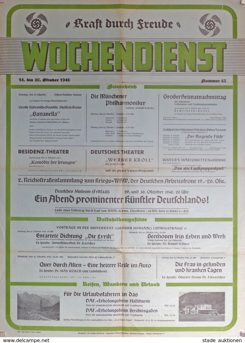 Propaganda WK II Kraft Durch Freude Wochendienst Plakat 61 X 83 Cm II - Weltkrieg 1939-45