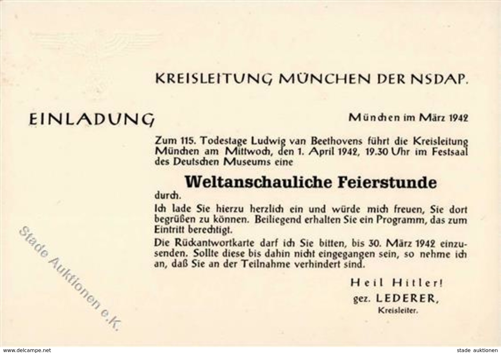 Propaganda WK II München (8000) WK II Weltanschauliche Feierstunde Einladung NSDAP KEINE AK I-II - Weltkrieg 1939-45