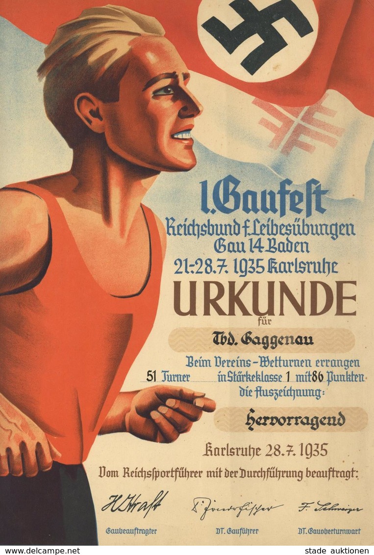 Propaganda WK II Urkunde 1. Gaufest Reichsbund Für Leibesübungen Ca. 43 X 31 Cm II - War 1939-45