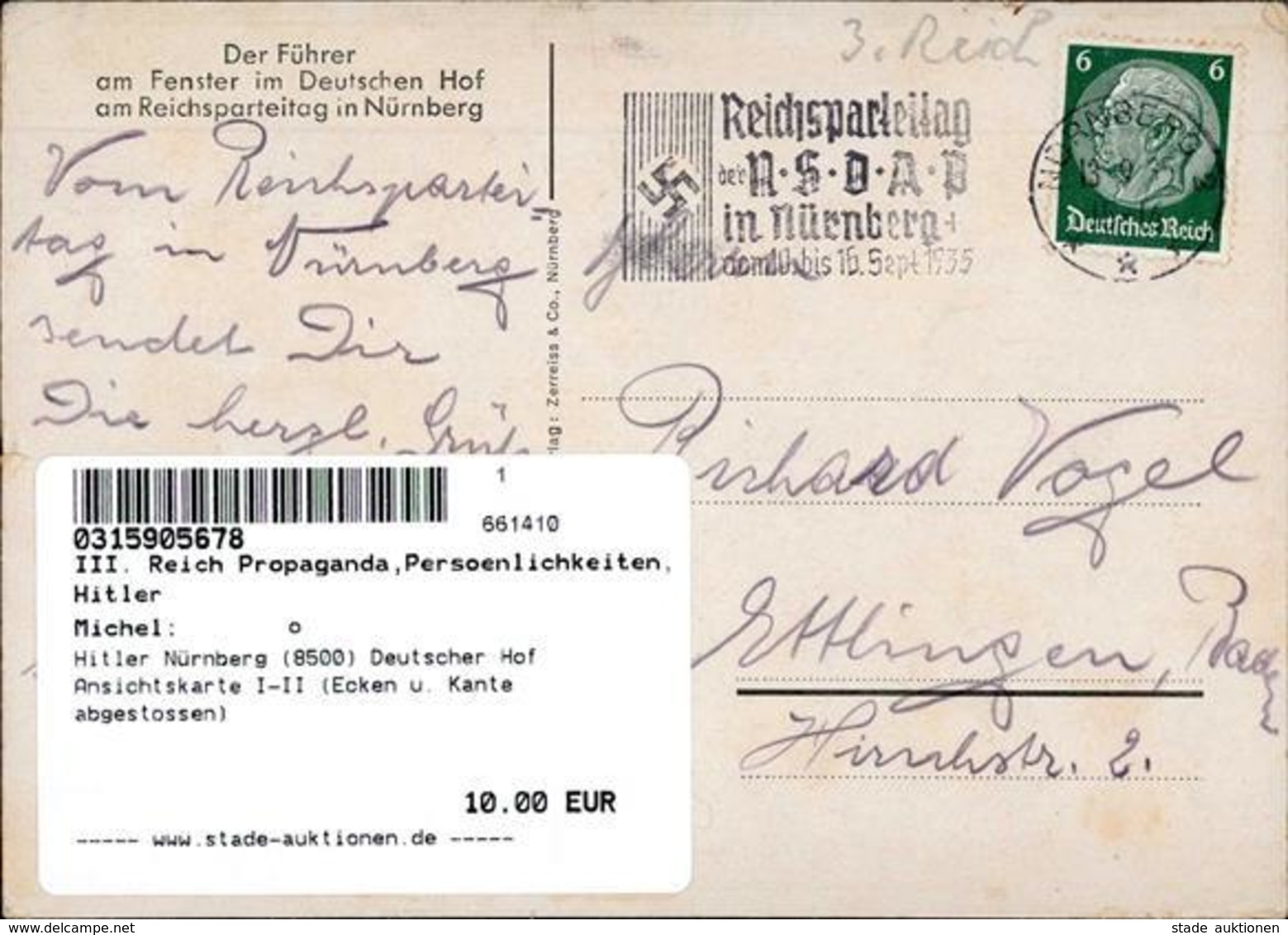 Hitler Nürnberg (8500) Deutscher Hof Ansichtskarte I-II (Ecken U. Kante Abgestossen) - War 1939-45