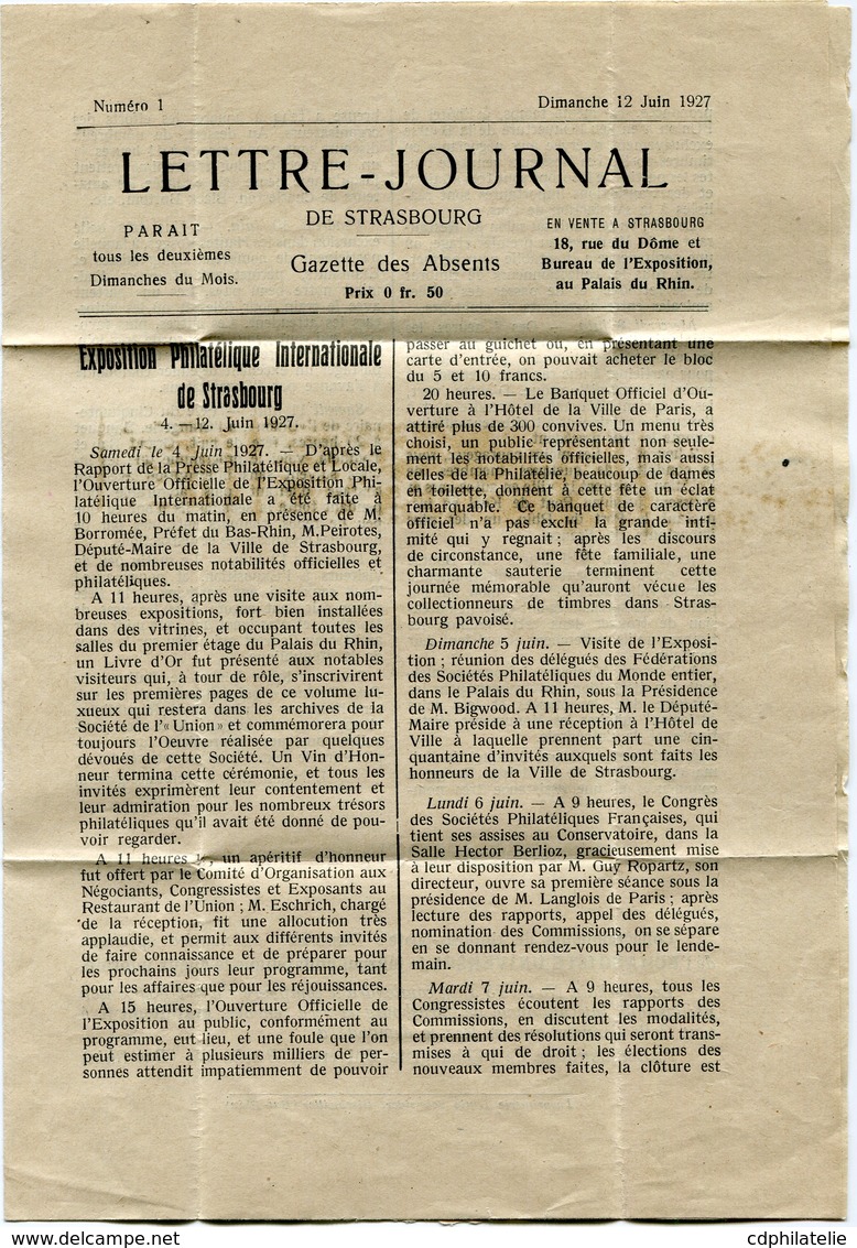 FRANCE LETTRE JOURNAL AVEC VIGNETTE "STRASBOURG 12 JUIN 1927" AVEC CACHET...BALLON "LE PETIT PARISIEN"...DEPART......... - Storia Postale