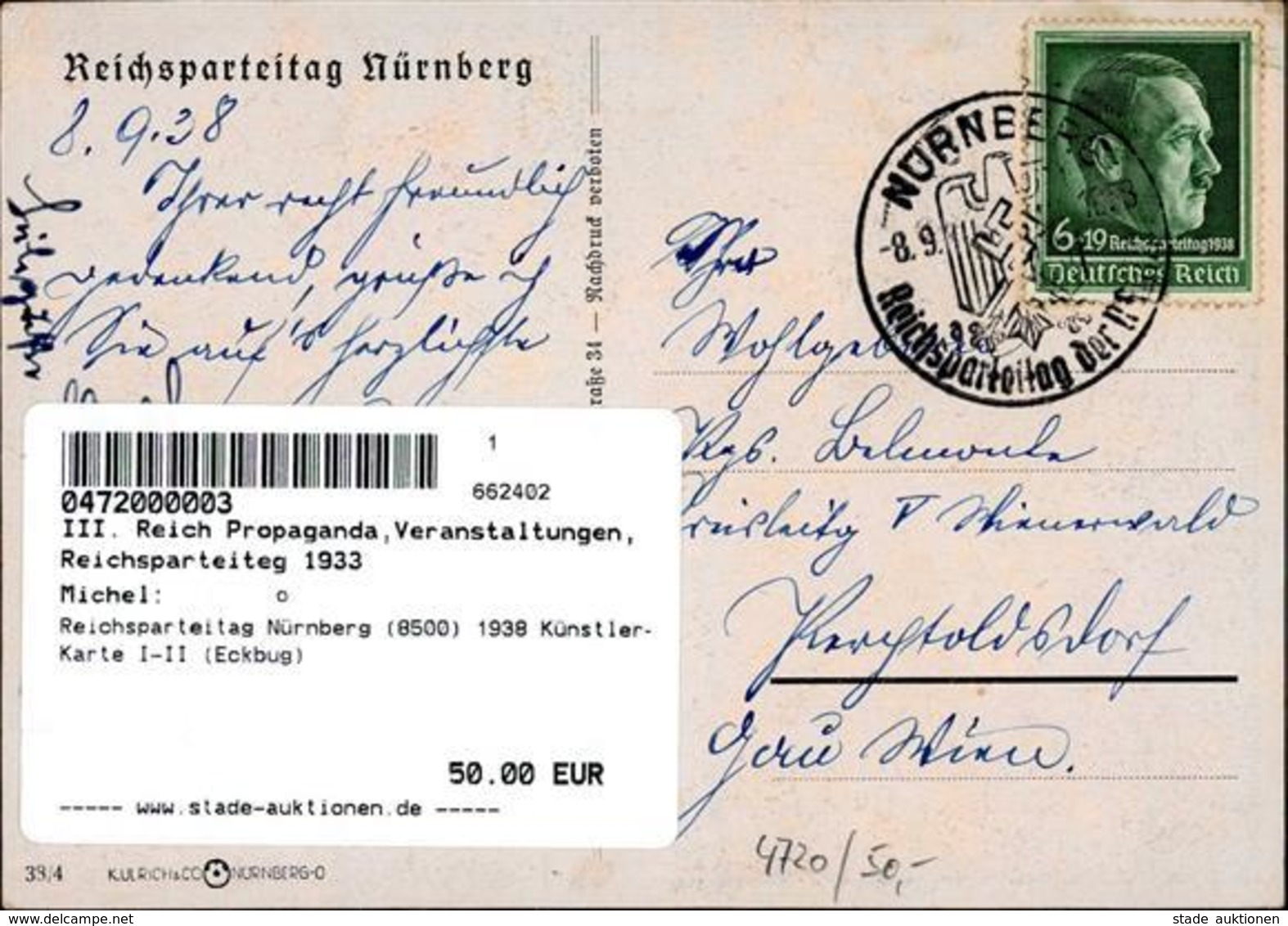 Reichsparteitag Nürnberg (8500) 1938 Künstler-Karte I-II (Eckbug) - War 1939-45