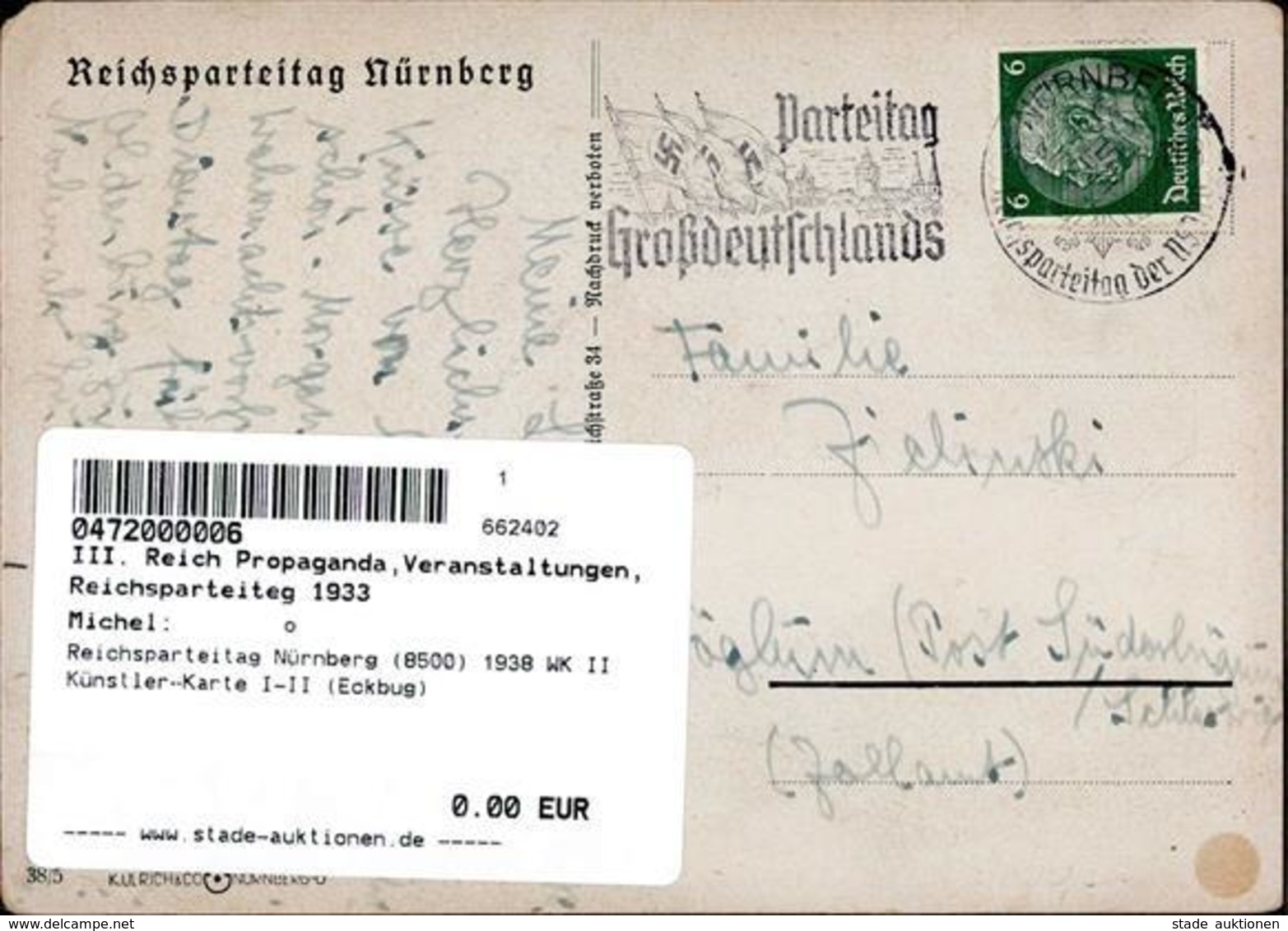 Reichsparteitag Nürnberg (8500) 1938 WK II Künstler-Karte I-II (Eckbug) - War 1939-45