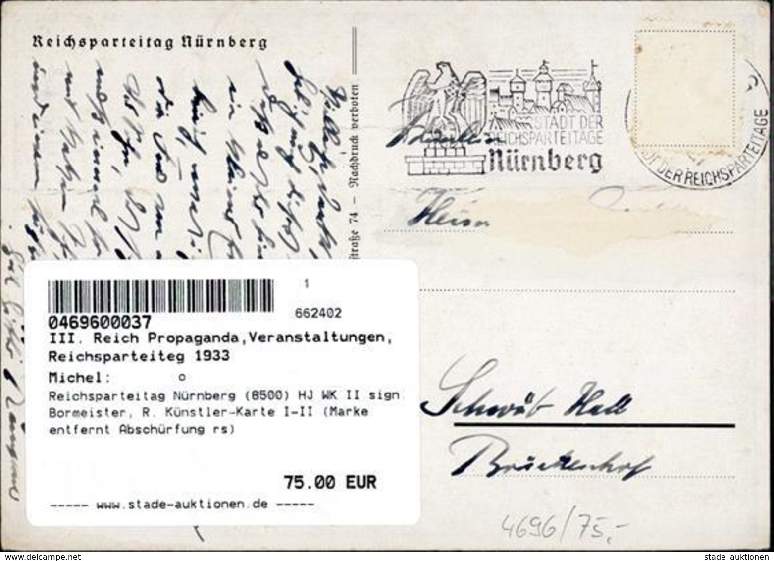 Reichsparteitag Nürnberg (8500) HJ WK II Sign. Bormeister, R. Künstler-Karte I-II (Marke Entfernt Abschürfung Rs) - Guerra 1939-45