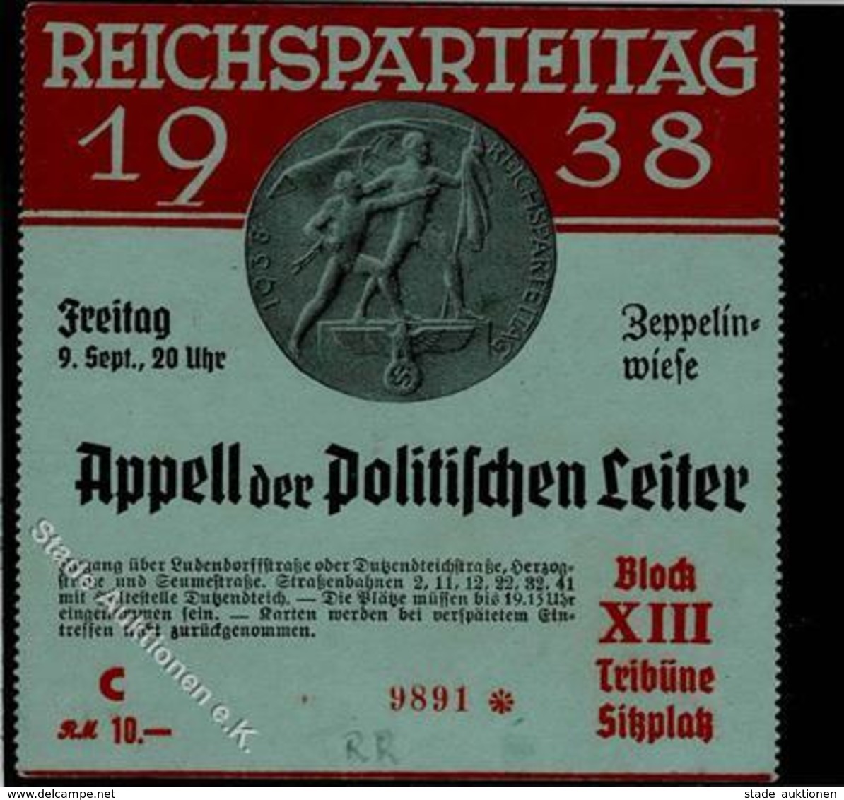 Reichsparteitag Nürnberg (8500) WK II Eintrittskarte Appell Der Politischen Leiter KEINE AK I-II - Guerre 1939-45