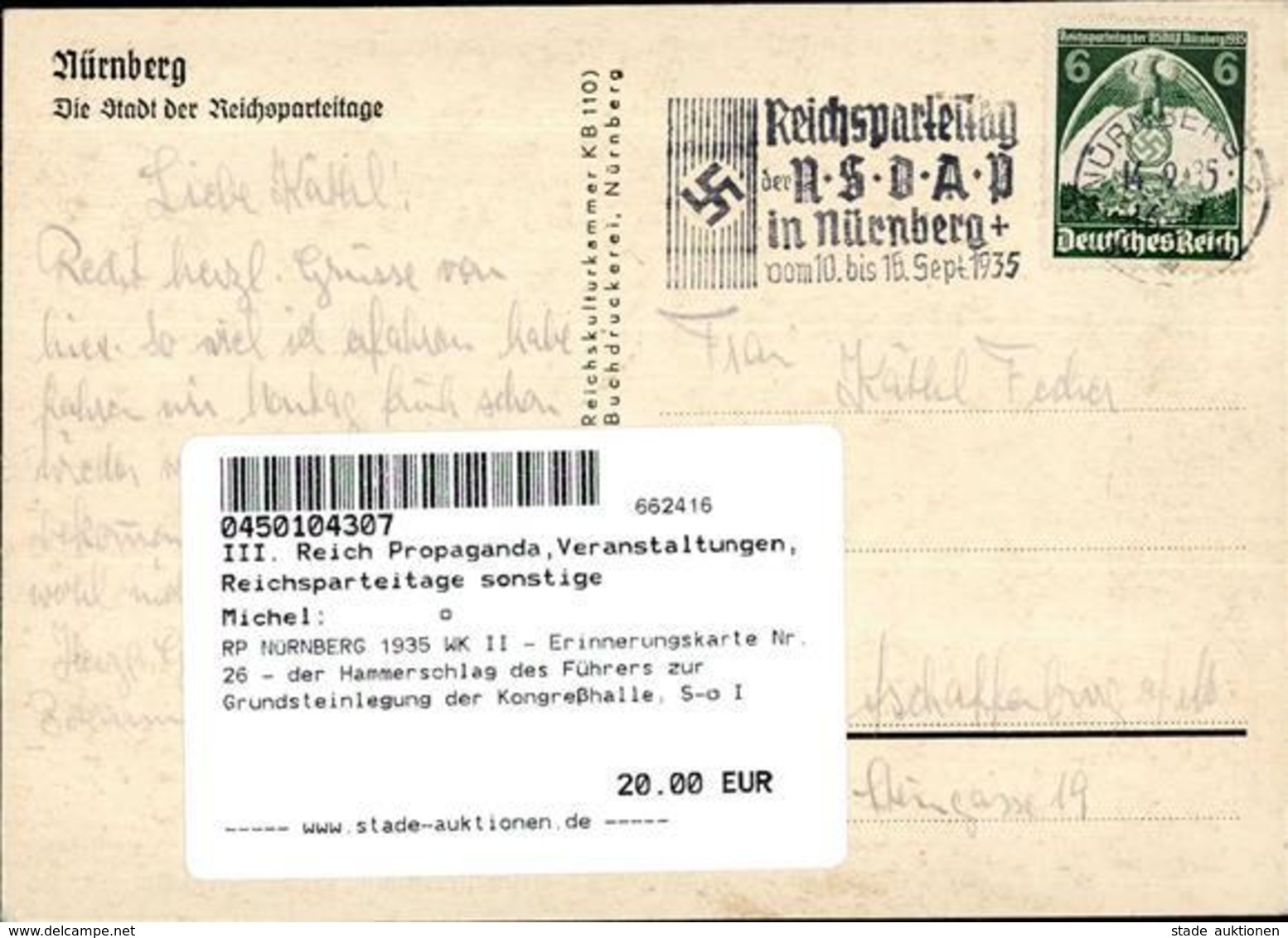 RP NÜRNBERG 1935 WK II - Erinnerungskarte Nr. 26 - Der Hammerschlag Des Führers Zur Grundsteinlegung Der Kongreßhalle, S - Weltkrieg 1939-45