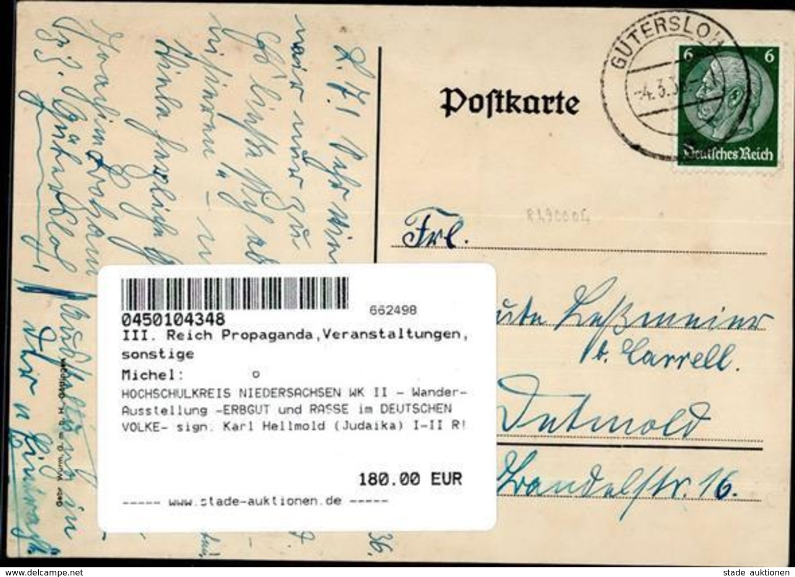 HOCHSCHULKREIS NIEDERSACHSEN WK II - Wander-Ausstellung -ERBGUT Und RASSE Im DEUTSCHEN VOLKE- Sign. Karl Hellmold (Judai - Guerre 1939-45