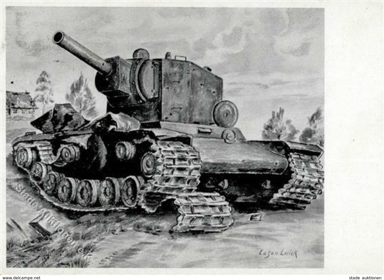 III. Reich Propaganda, Kunst Der Front 1942", Sw. Künstlerkarte: Eugen Luick (Russischer Riesenpanzer), 6 Pf Tag Der Mar - Guerre 1939-45