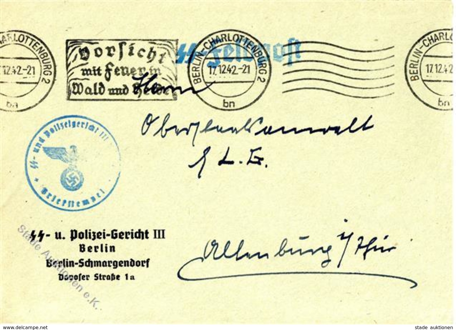 SS-Feldpostbrief 1942 WK II - SS- U. POLIZEI-GERICHT III BERLIN-SCHMARGENDORF I-II - Guerre 1939-45