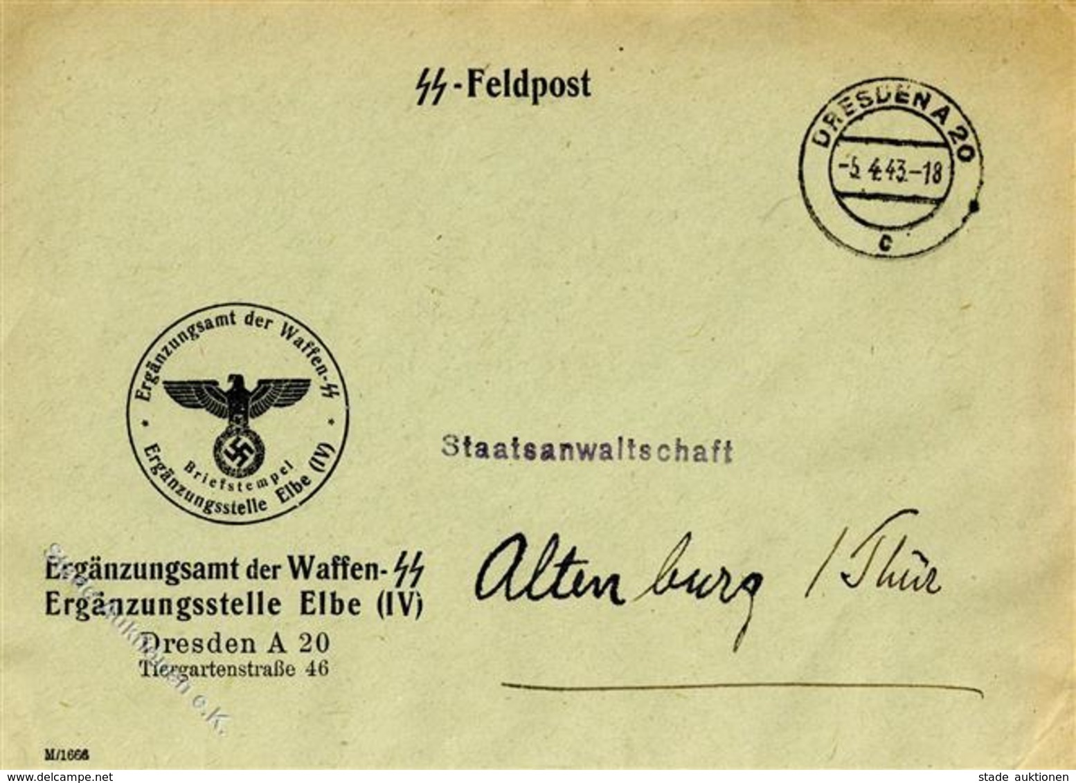 SS-Feldpostbrief 1943 WK II - ERGÄNZUNGSAMT D. WAFFEN-SS - Ergänzungsstelle Elbe DRESDEN I-II - Guerre 1939-45