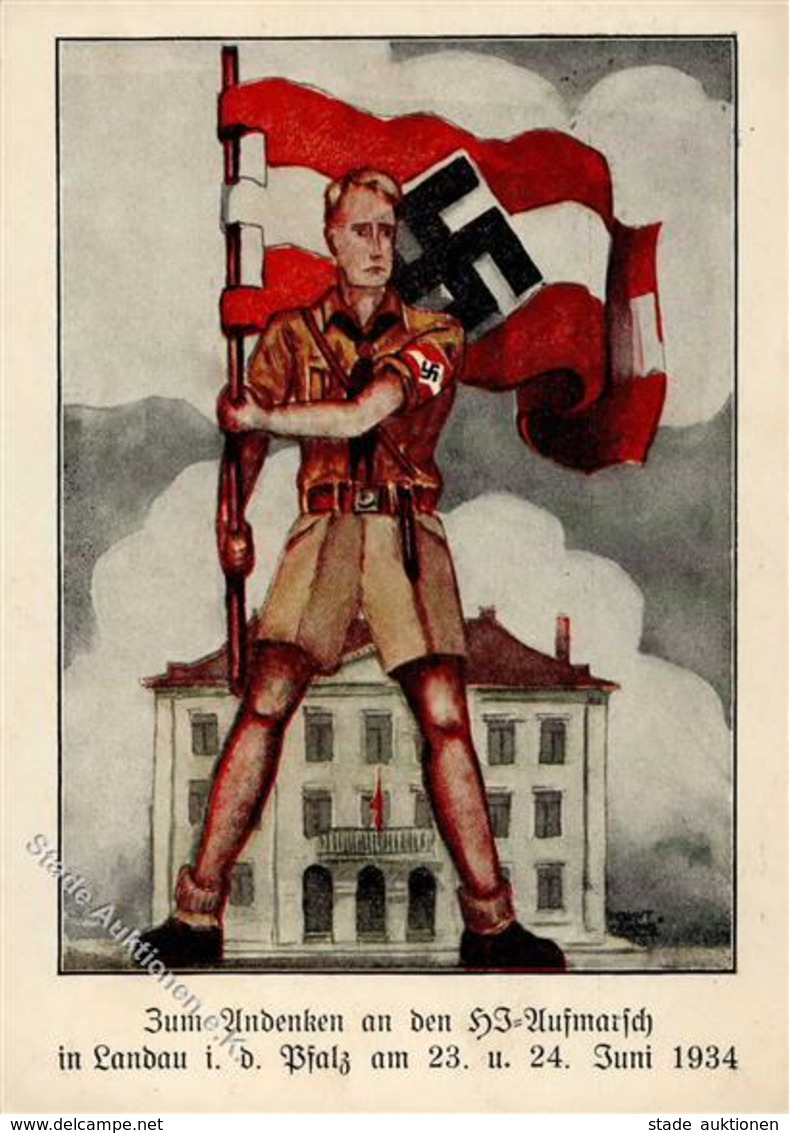 WK II HJ Propaganda Zum Andenken An Den HJ Aufmarsch In Landau 1934 Künstler-Karte I-II - Guerra 1939-45