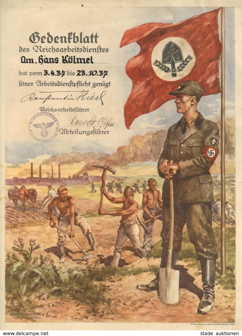 WK II RAD Reichsarbeitsdienst Gedenkblatt 45 X 33 Cm Sign. Friedmann, Hans II (Einrisse, Fleckig) - War 1939-45