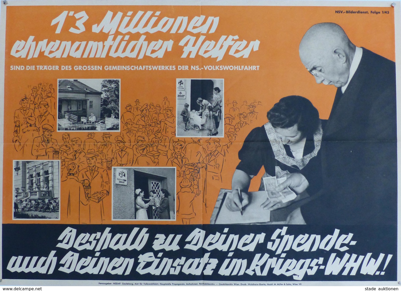 WHW Plakat 59,5 X 42 Cm 1,3 Millionen Ehrenamtliche Helfer I-II - Guerre 1939-45