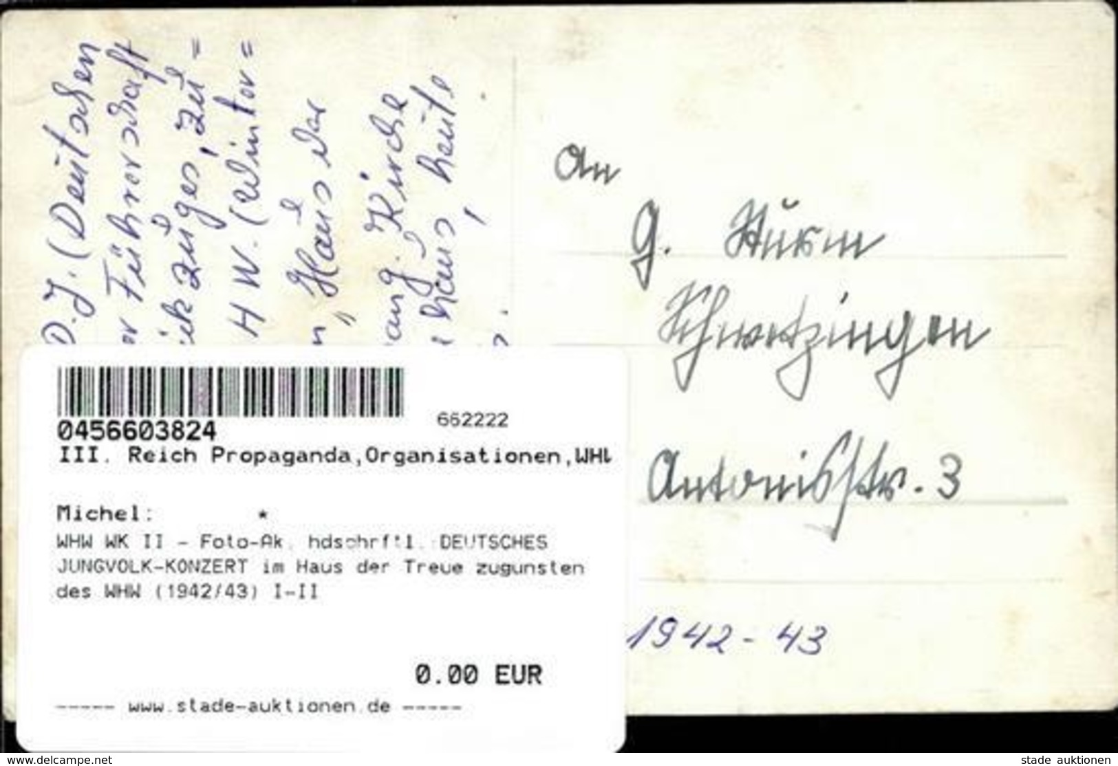 WHW WK II - Foto-Ak, Hdschrftl.:DEUTSCHES JUNGVOLK-KONZERT Im Haus Der Treue Zugunsten Des WHW (1942/43) I-II - Guerra 1939-45