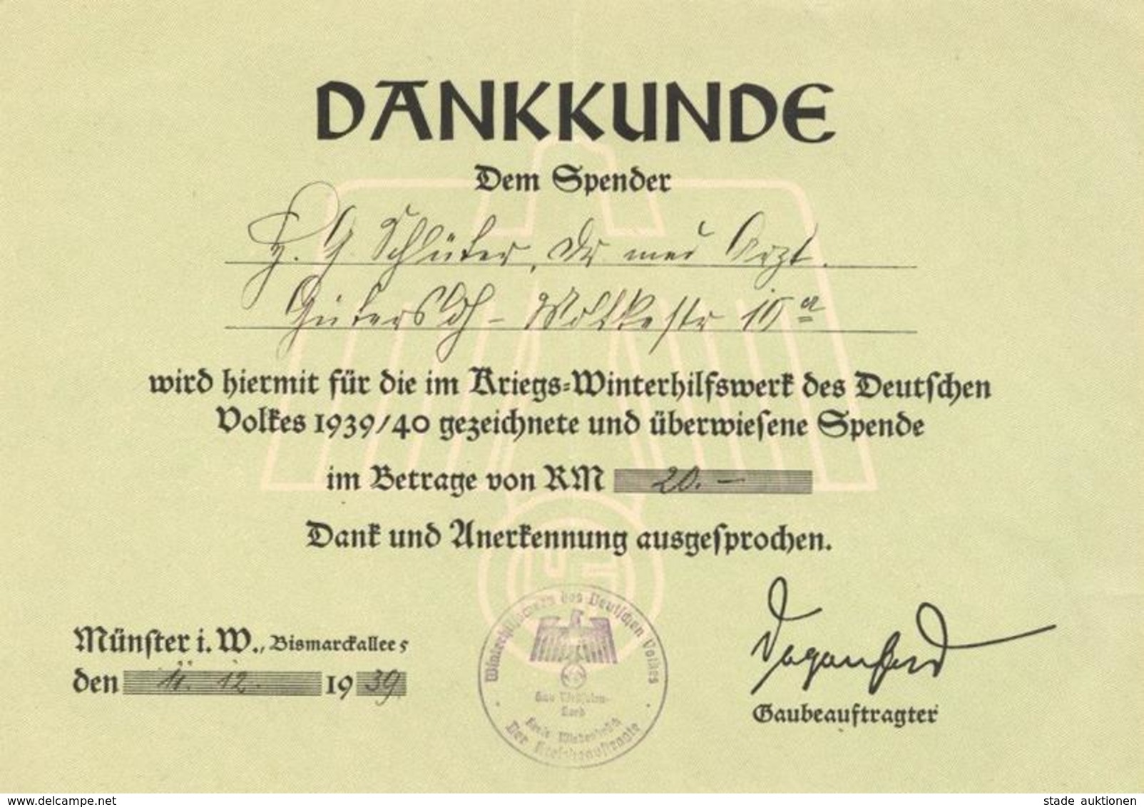 WHW-Spendenquittung WK II - MÜNSTER I.W. 1939 - Senkrecht Gefaltet- - War 1939-45