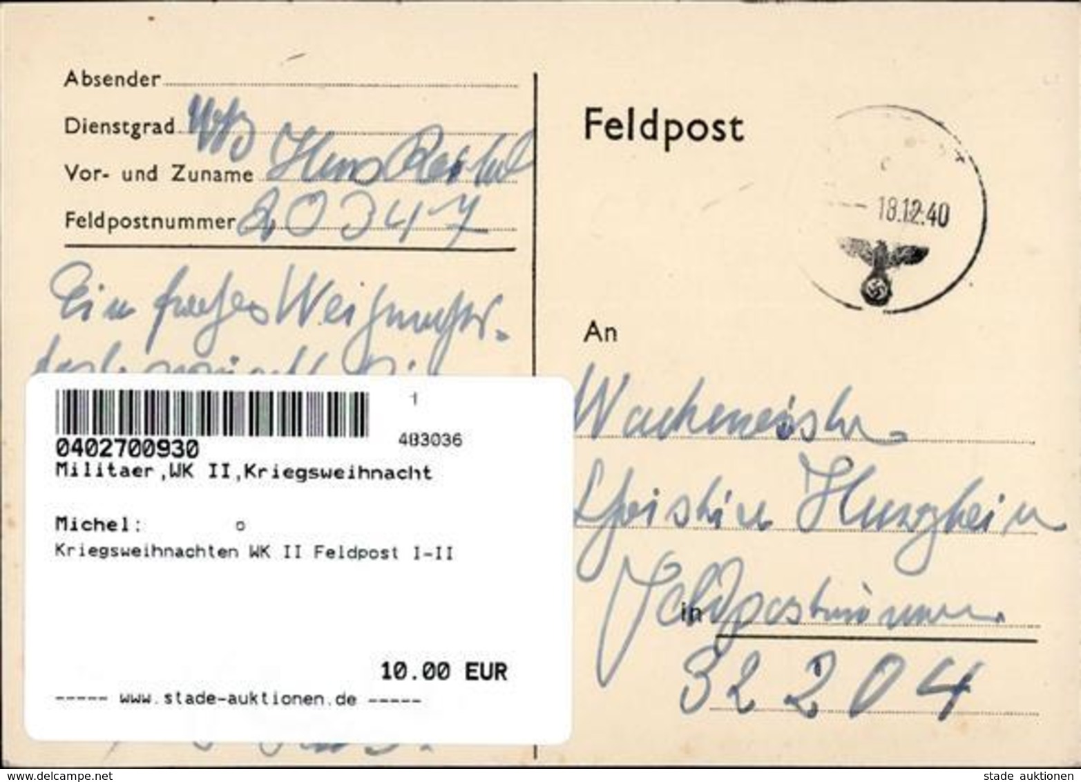 Kriegsweihnachten WK II Feldpost I-II - Weltkrieg 1939-45