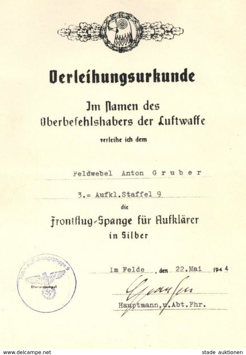 Verleihungsurkunde Frontflug-Spange Für Aufklärer In Silber I-II R! - War 1939-45