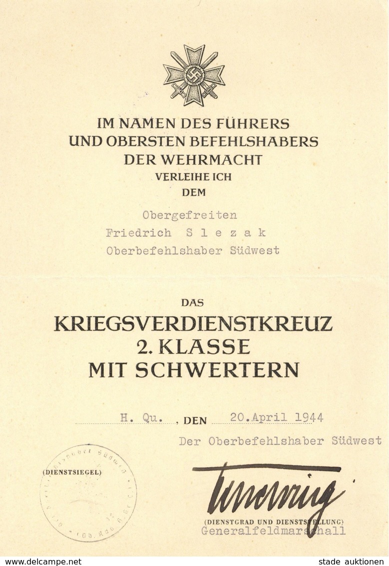 Verleihungsurkunde Kriegsverdienstkreuz 2. Klasse Mit Schwertern I-II - War 1939-45