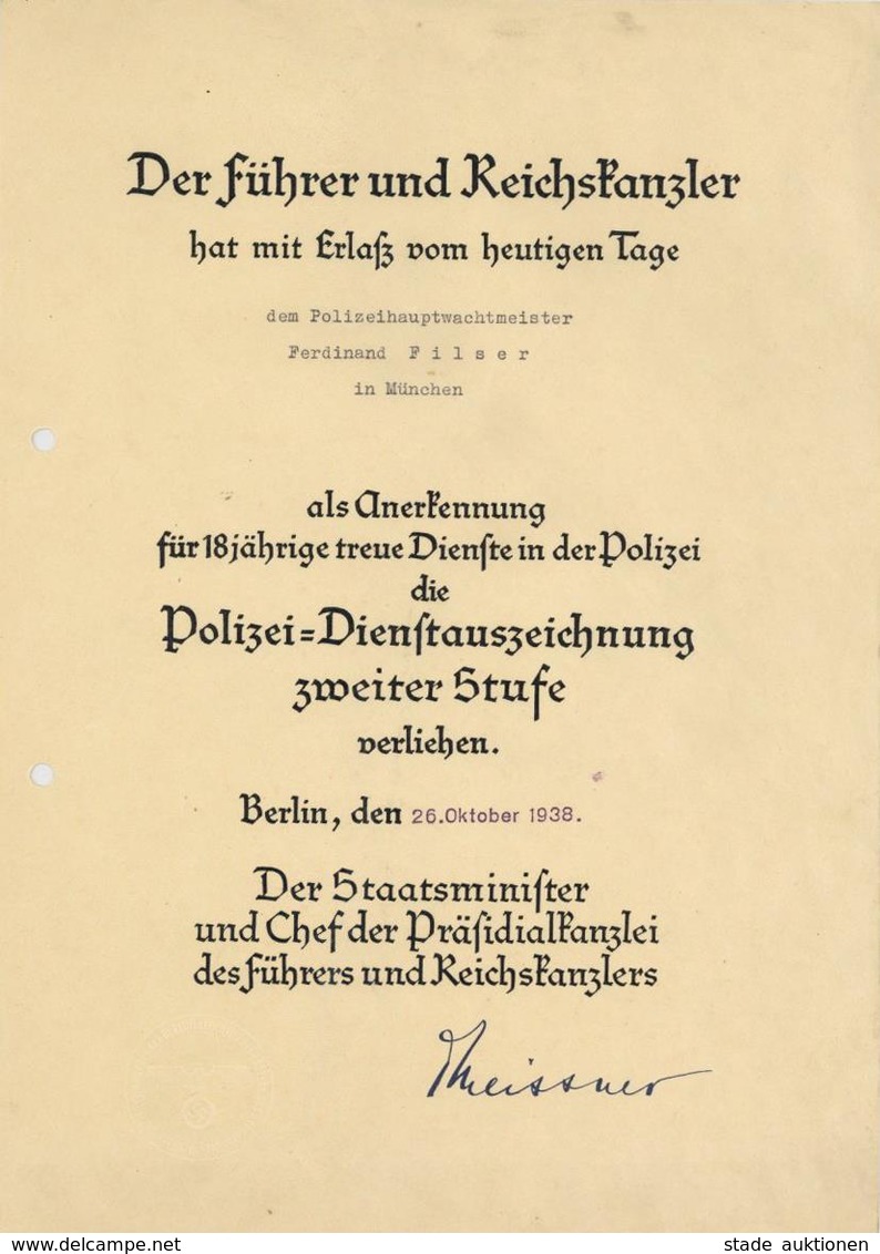 Verleihungsurkunde Polizei Dienstauszeichnung Zweiter Stufe I-II - War 1939-45