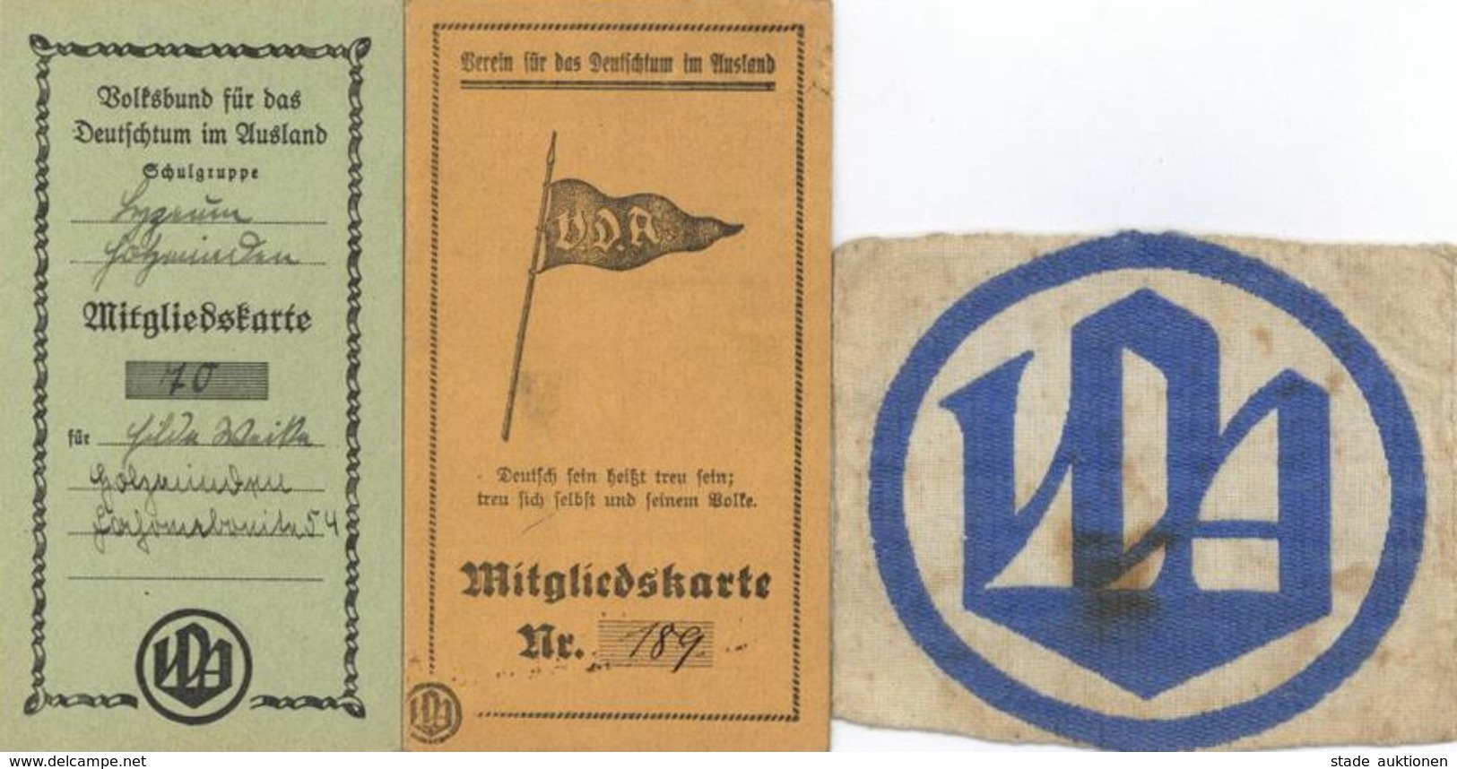 WK II Dokumente - 2 VDA-Mitgliedskarten 1932-34 + Stoff-Aufnäher I-II - War 1939-45