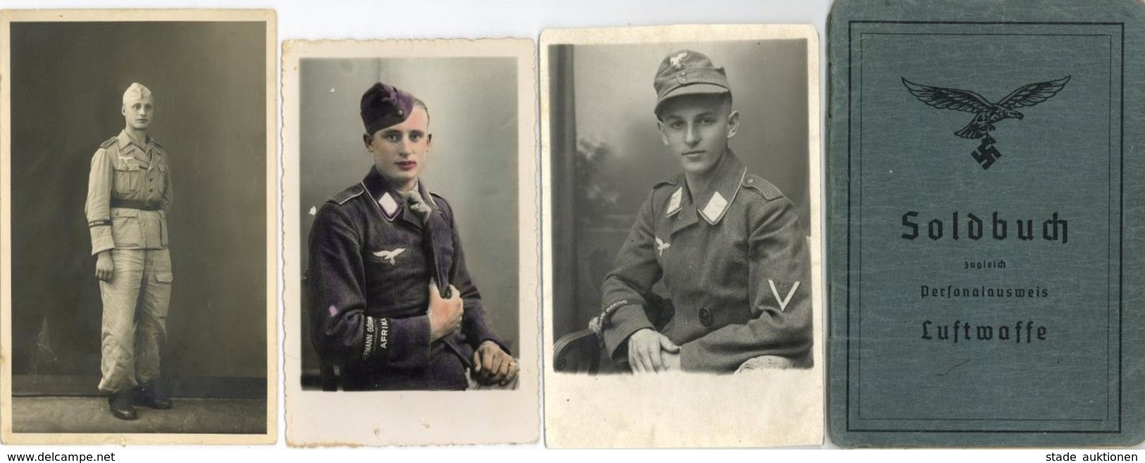 WK II Dokumente - AFRIKA-FELDZUG! LUFTWAFFE-SOLDBUCH 1940-1943 Und 3 Militär-Foto-Ak (teils Mängel) Jeweils Mit Armbinde - Guerre 1939-45