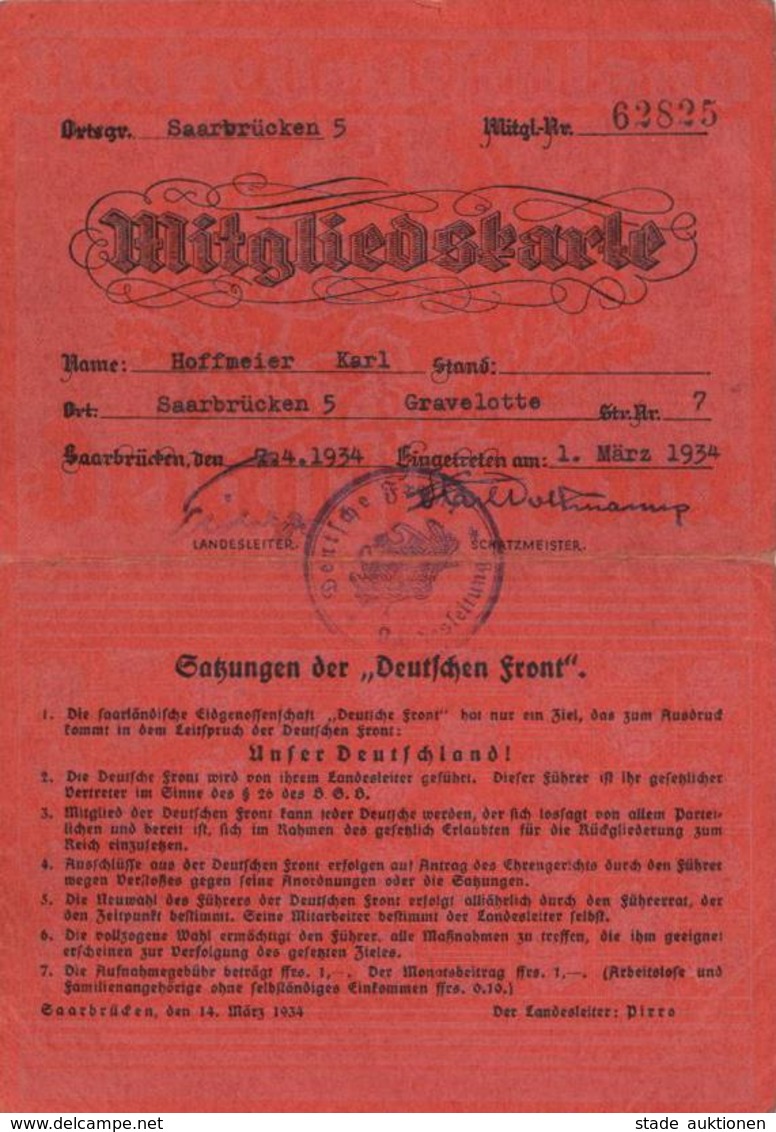 WK II Dokumente - Klapp-Mitgliedskarte -Saarländische Organisation DEUTSCHE FRONT- Mit Beitragsmarken 1934-35 I-II - War 1939-45