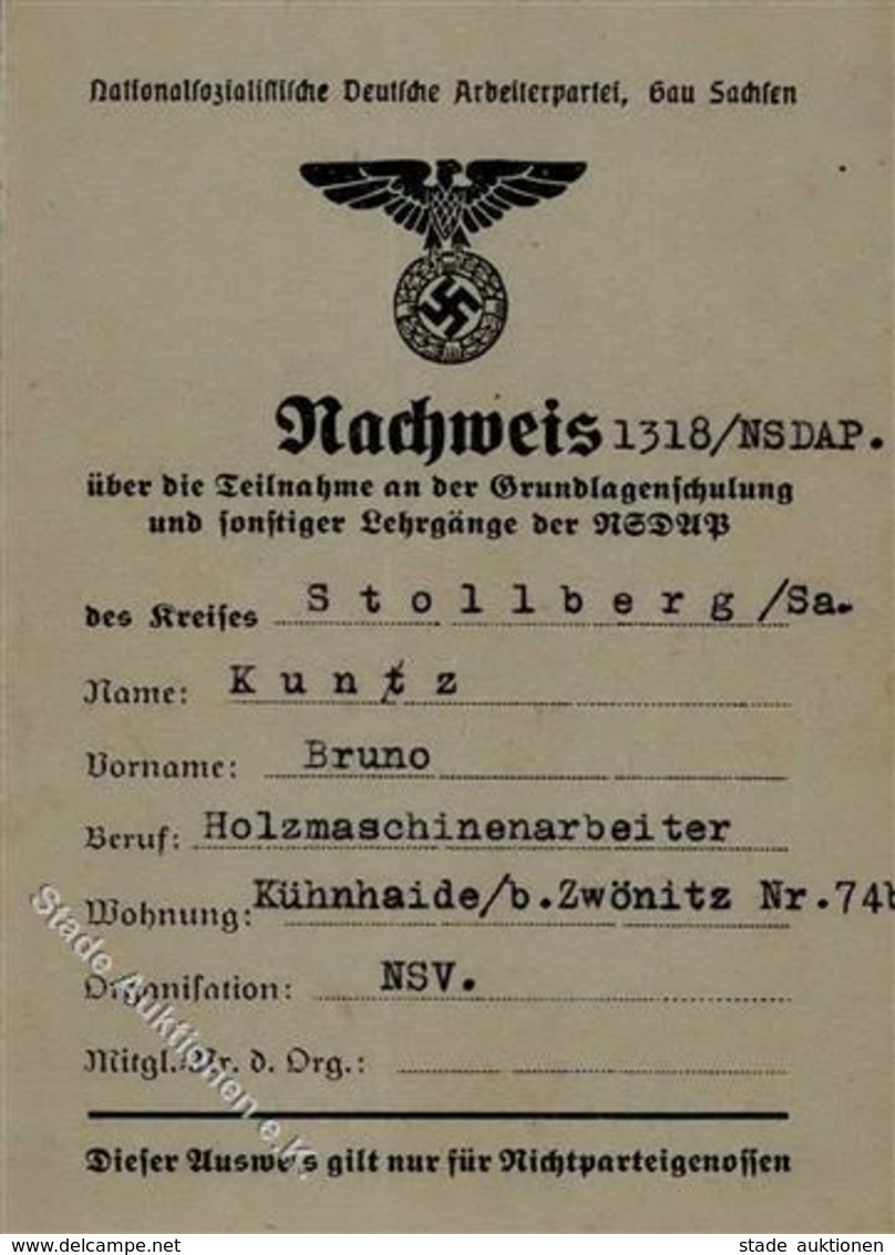 WK II Dokumente - NSDAP-Klapp-Lehrgangs-Nachweis NSV 1936/37 I - Weltkrieg 1939-45