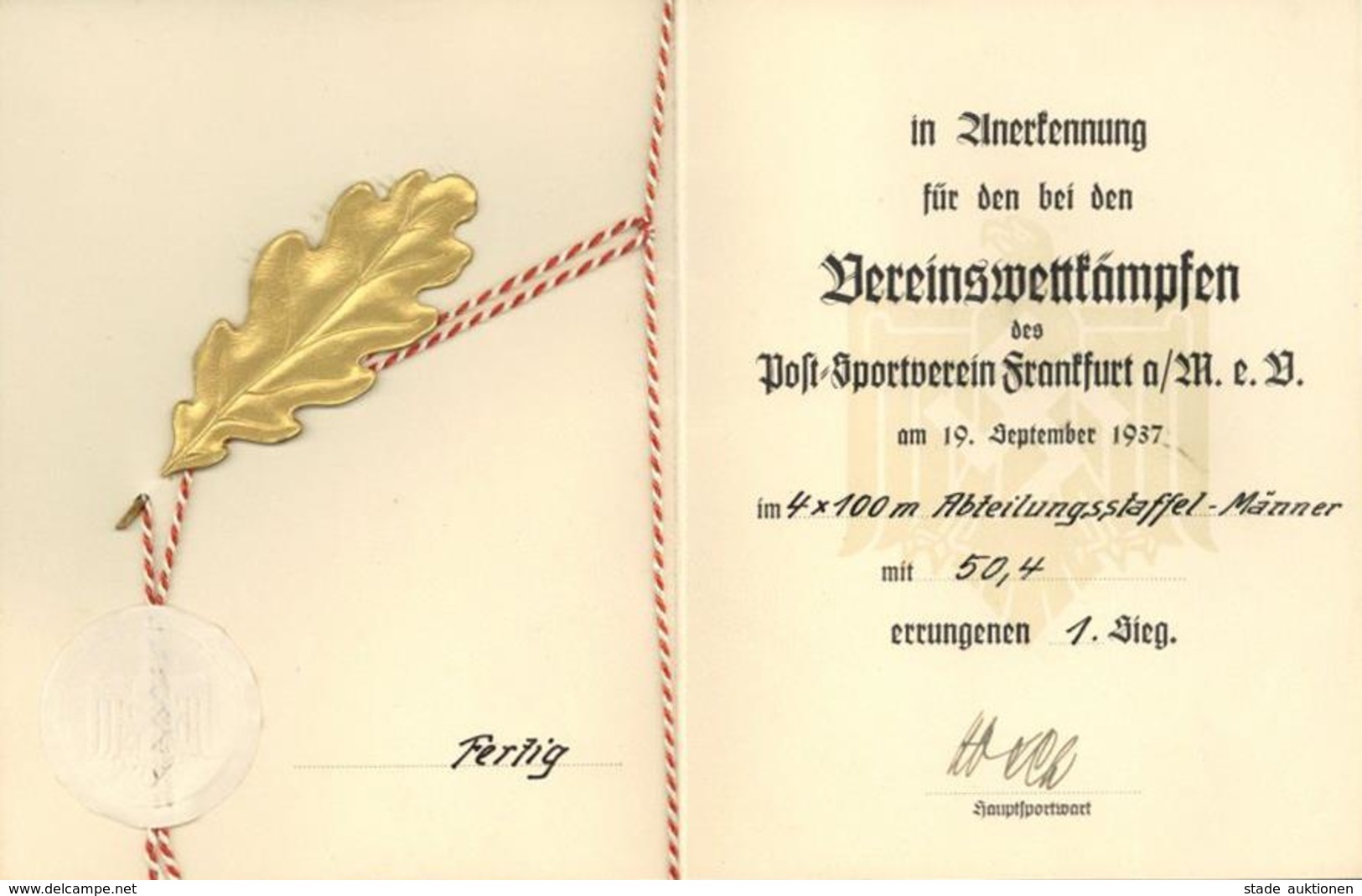 WK II Dokumente - NSDAP-Klappurkunde Sieger VEREINSWETTKÄMPFE Sportverien Frankfurt,Main 1937 Mit Goldenem Eichenblatt I - Guerre 1939-45
