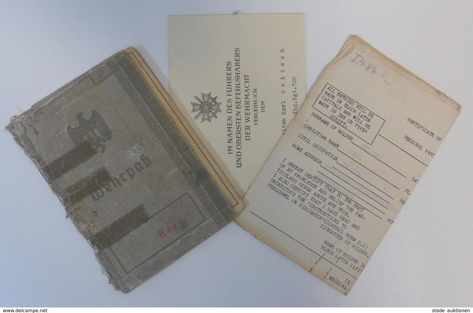 WK II Dokumente Nachlaß Karl Fritsch Wehrpaß Mit Eintrag Kriegsverdienstkreuz 2. Kl. M. Schwertern, Besitzzeugnis Entlas - War 1939-45