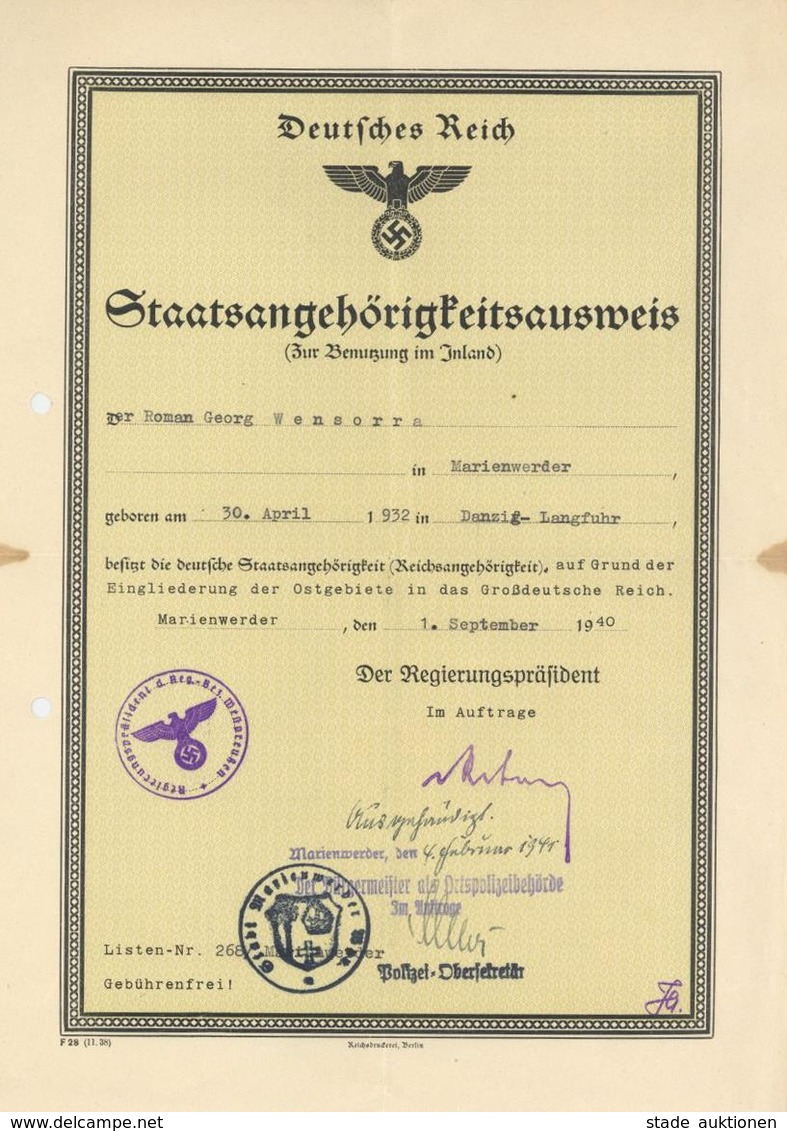 WK II Dokumente Staatsangehörigkeitsausweis I-II (fleckig) - War 1939-45