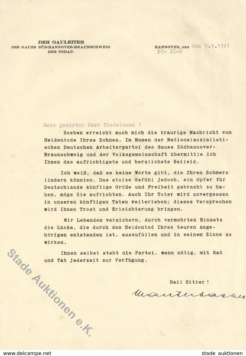 WK II Kondolenzschreiben Mit Unterschrift Hartmut Lauterbach Gauleiter Süd-Hannover Braunschweig Und Orig. Umschlag I-II - Guerre 1939-45