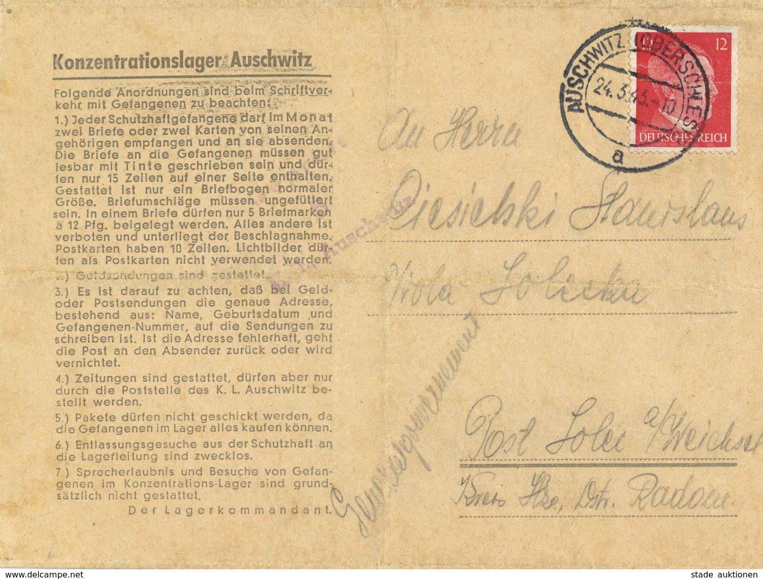 WK II KZ - Post Auschwitz Brief Mit Inhalt I-II (Gebrauchsspuren) - Guerre 1939-45