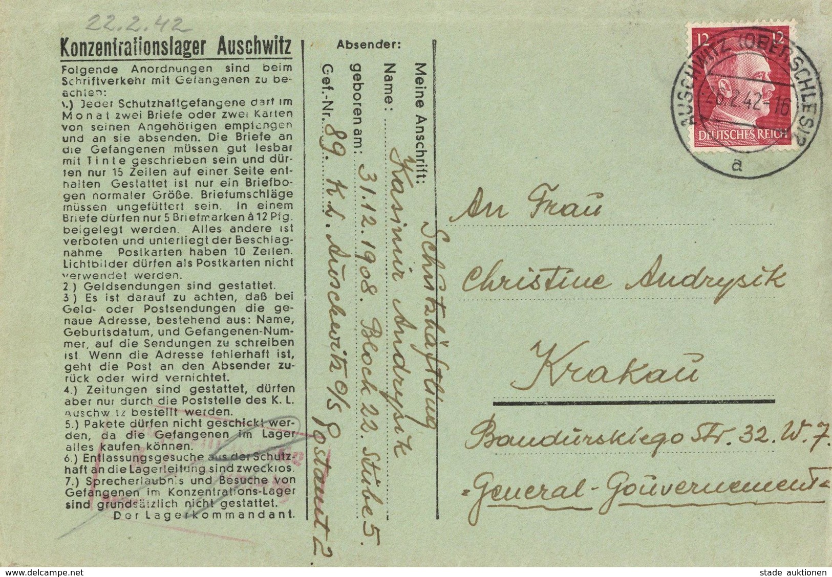 WK II KZ - Post Auschwitz Brief Ohne Inhalt I-II (Gebrauchsspuren) - War 1939-45