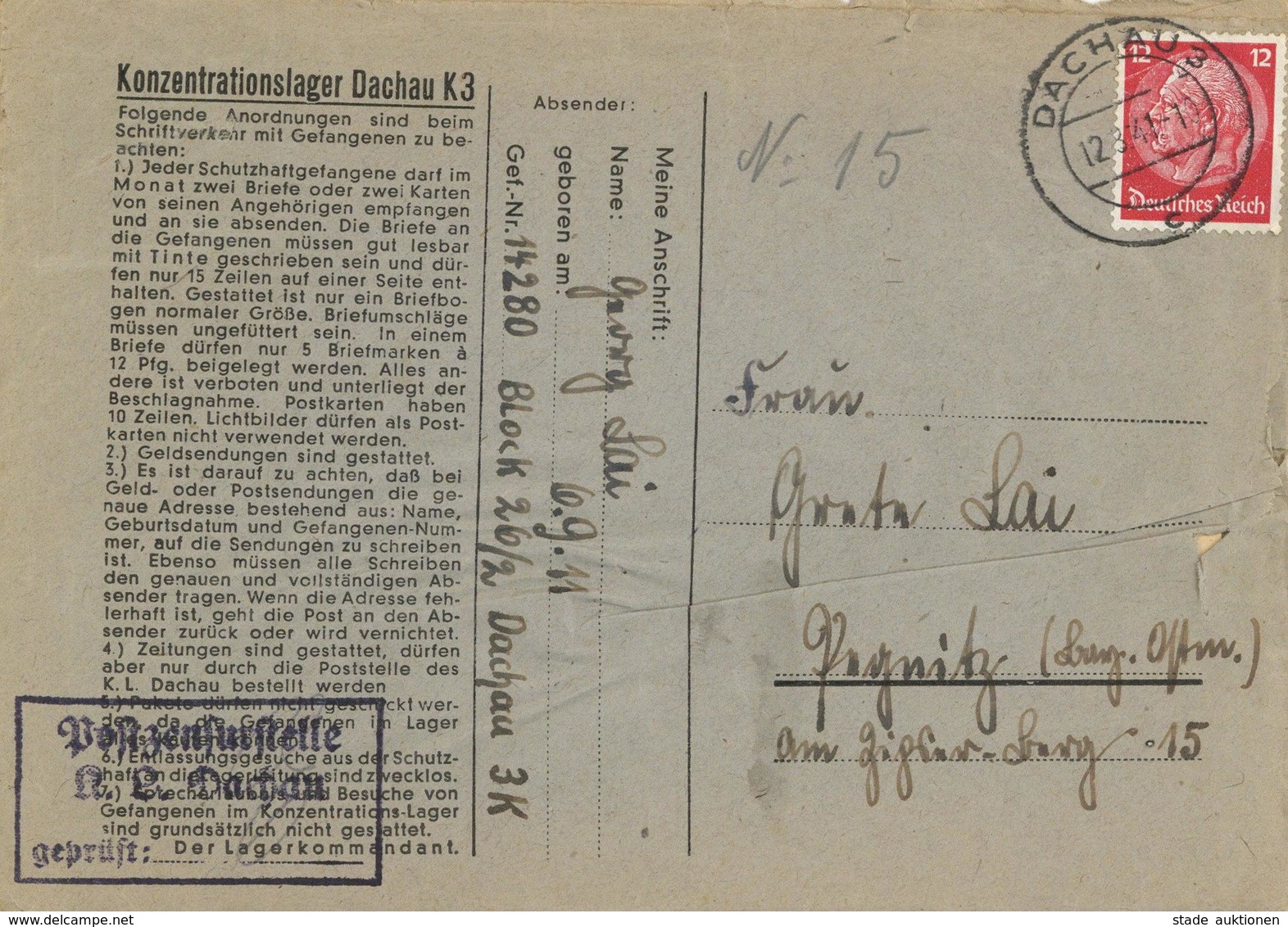 WK II KZ - Post Dachau K3 Brief Mit Inhalt I-II (altersbedingte Gebrauchsspuren) - War 1939-45