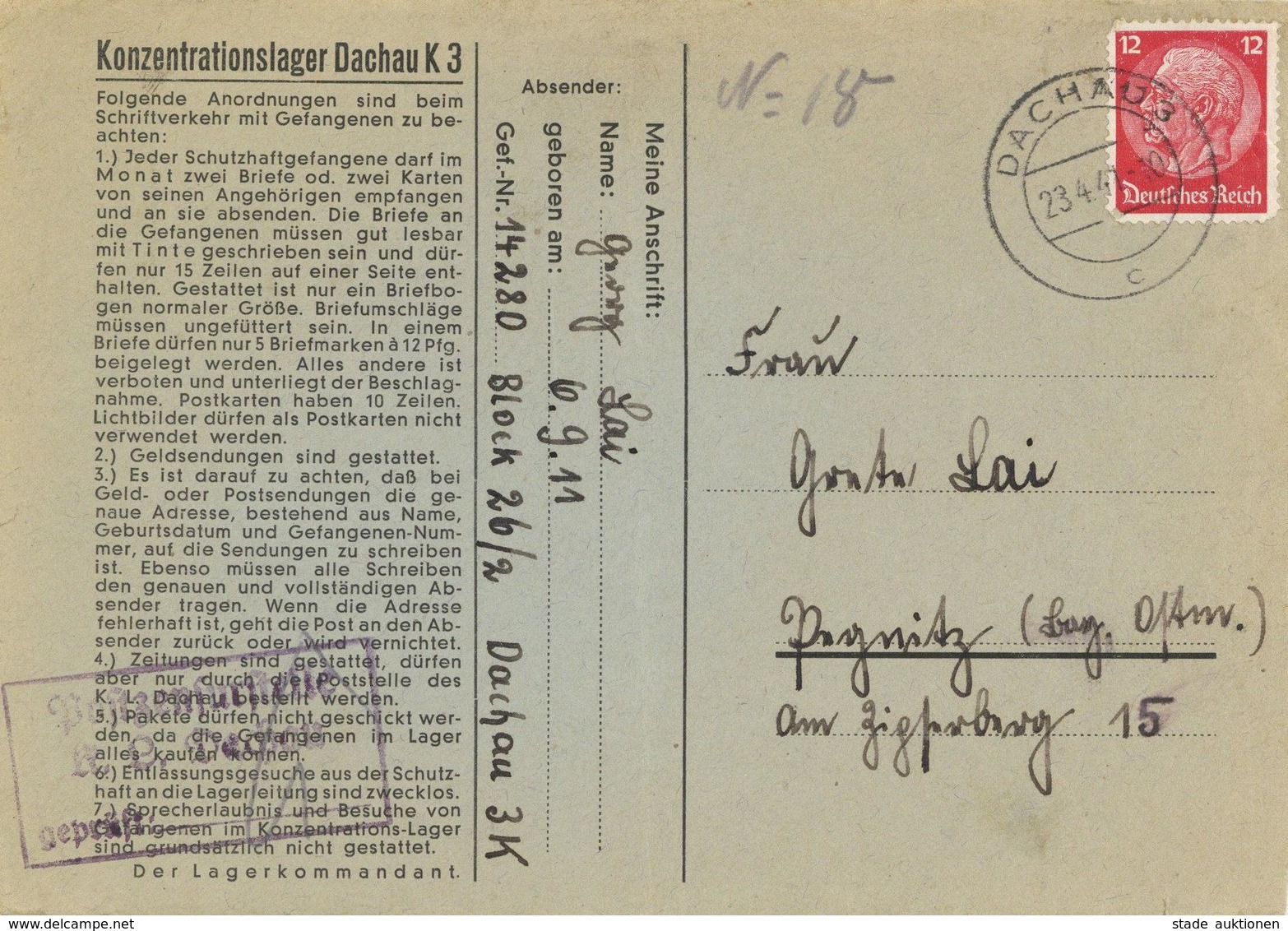 WK II KZ - Post Dachau K3 Brief Mit Inhalt I-II (Gebrauchsspuren) - War 1939-45