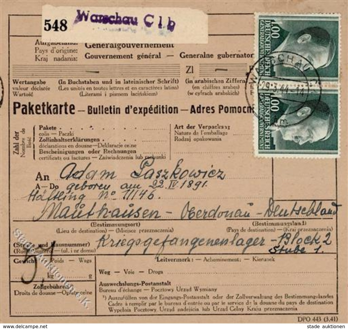 WK II KZ - Post Paketkarte Konzentrationslager Mauthausen I-II - Guerre 1939-45