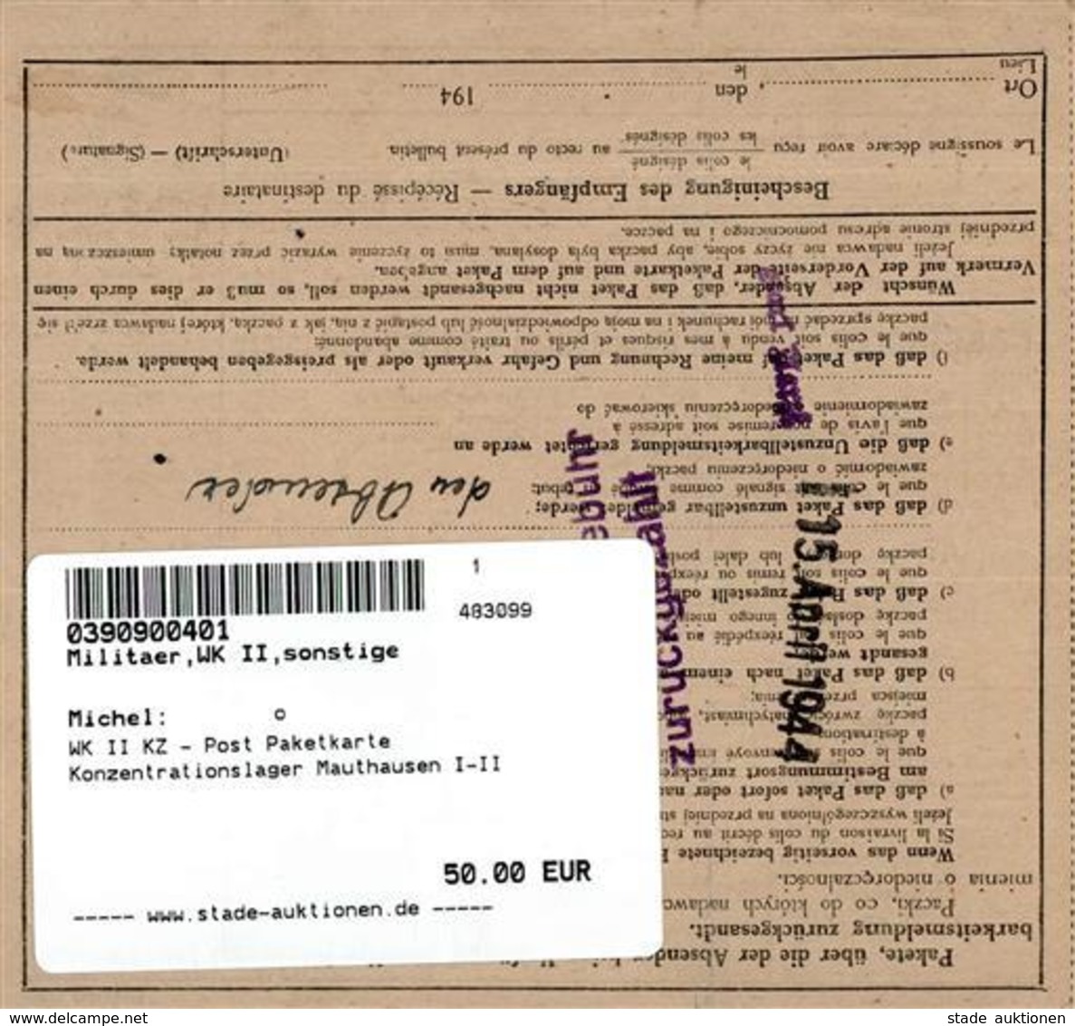 WK II KZ - Post Paketkarte Konzentrationslager Mauthausen I-II - Guerre 1939-45