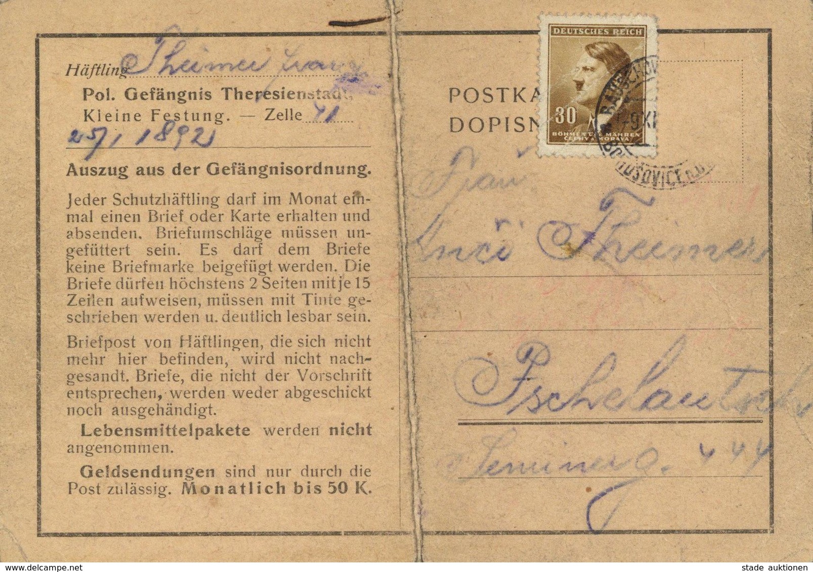 WK II KZ - Post Theresienstadt Karte II (Gebrauchsspuren) - War 1939-45